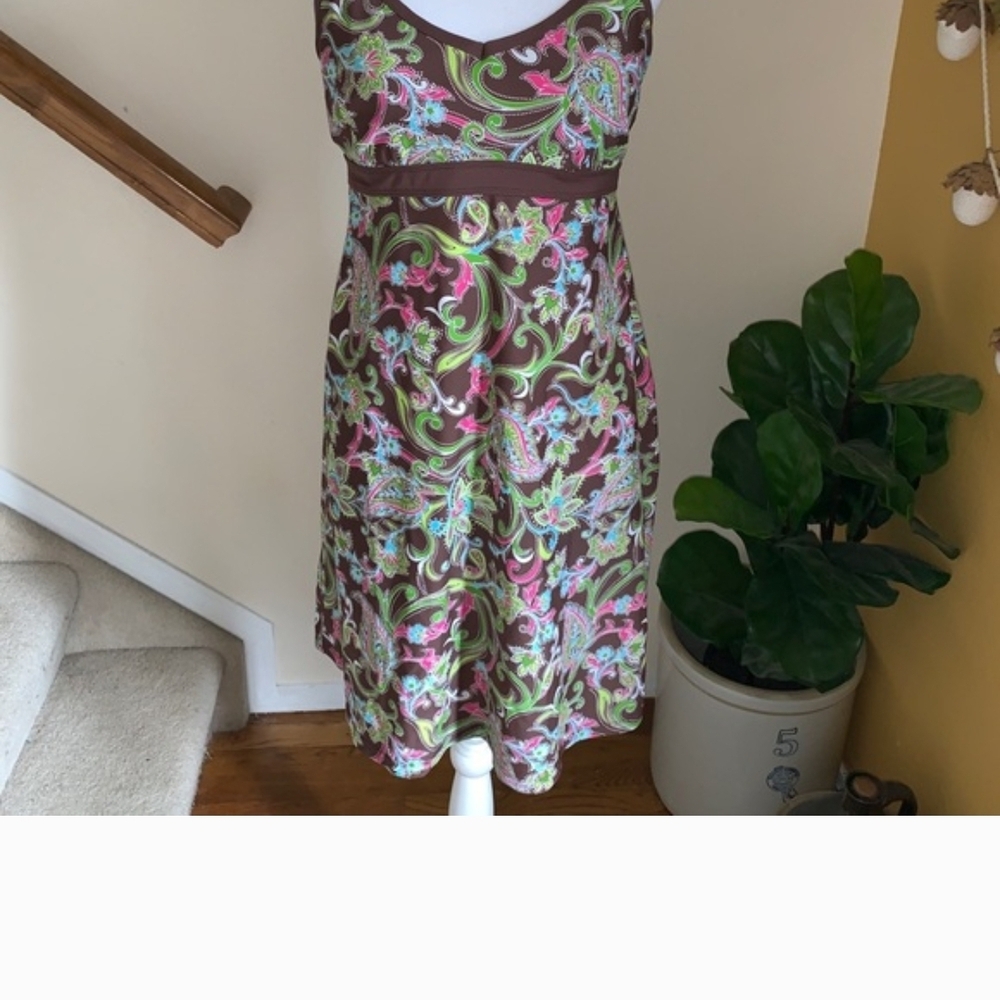 Athleta Brown Floral Paisley Midi Dress with Pink & Green Accents